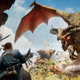 Dragon Age: The heroes of the Inquisition fight a giant dragon.